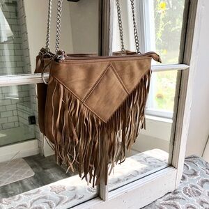 Camel Colored Fringe Crossbody Cruelty Free Leather Purse Small / Medium